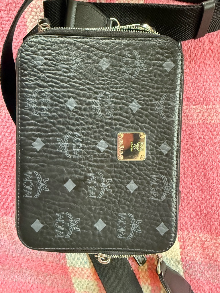 Mcm Black Logo-Print Leather Belt Bag With Silver Plaque